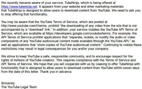 tubeninja|YouTube sends threatening letter to TubeNinja, but does it